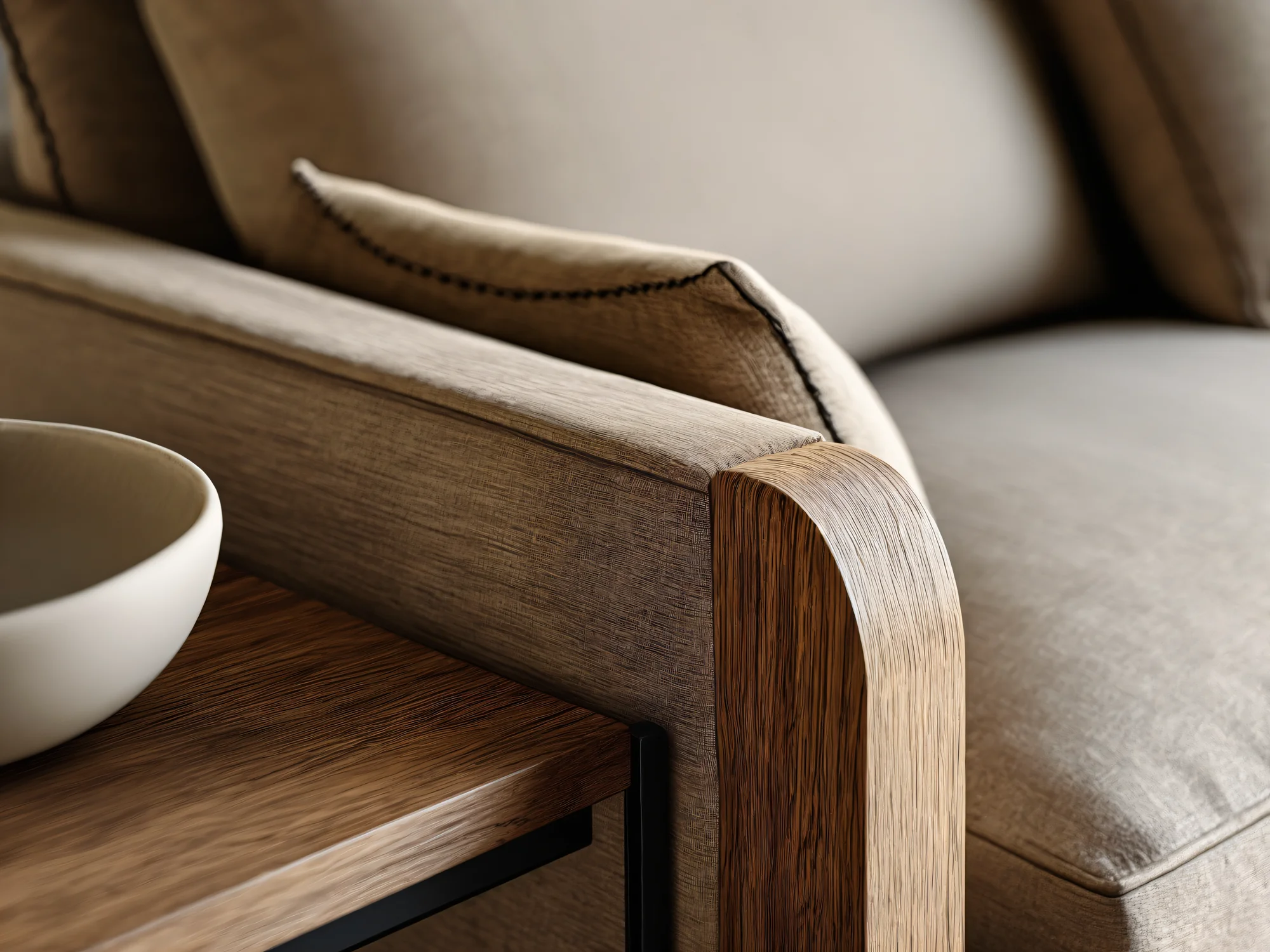 Drewniana sofa z pełną tapicerką do nowoczesnego salonu