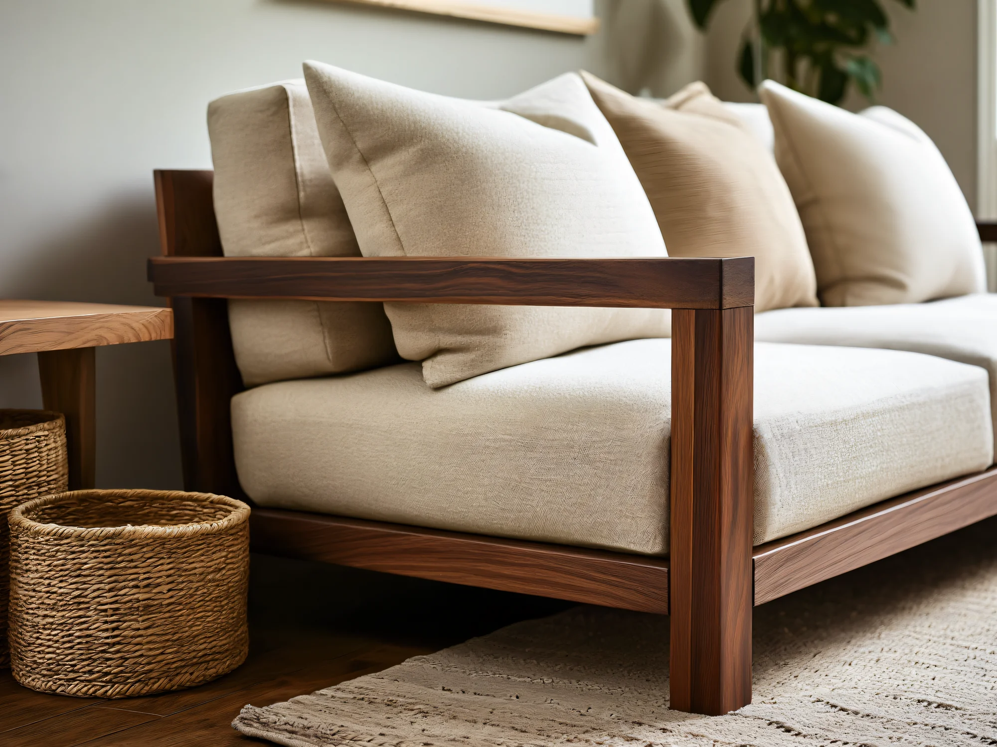 Drewniana sofa porównująca konstrukcję ramy i tapicerki