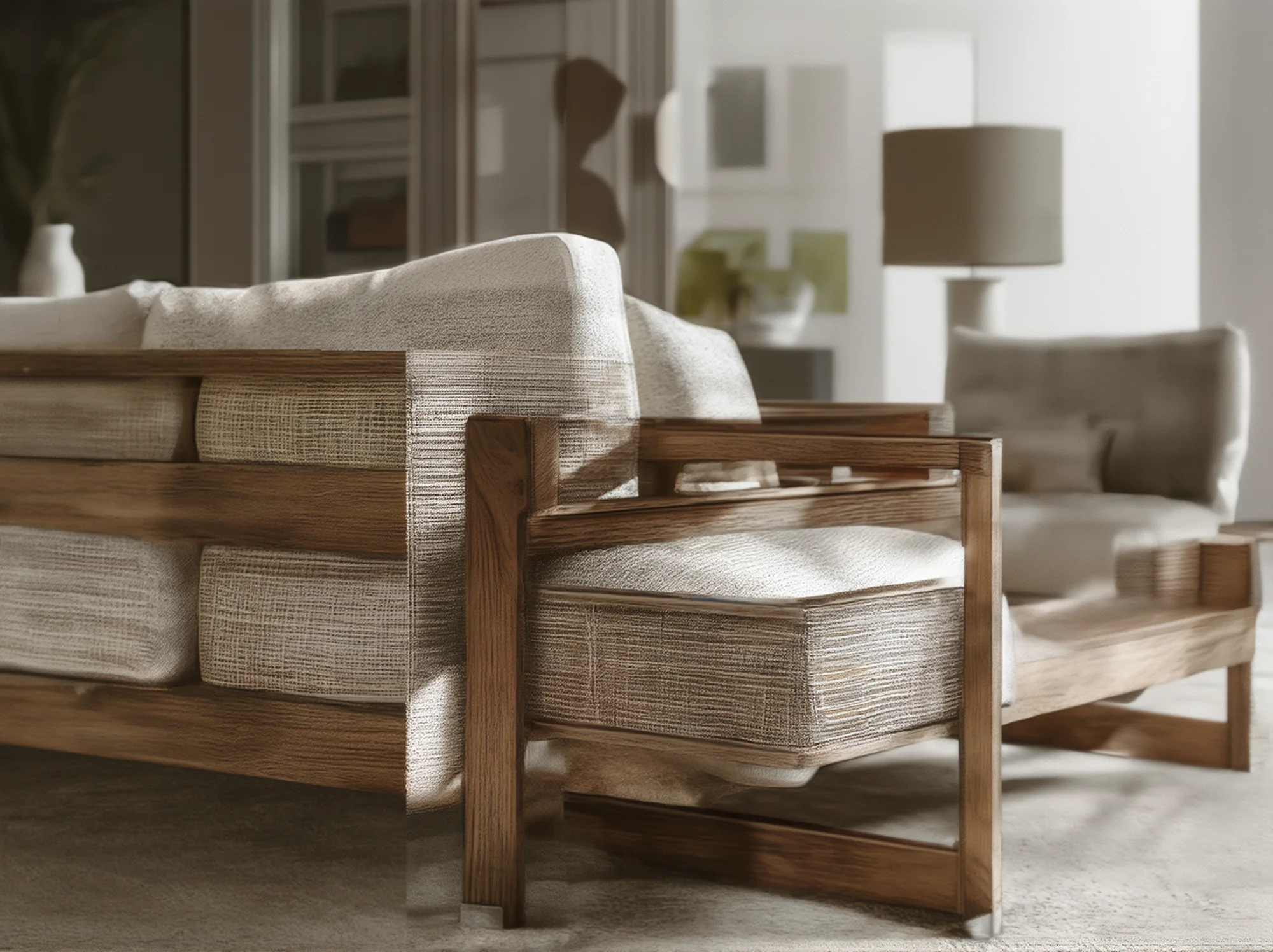 Drewniana sofa porównująca konstrukcję ramy i tapicerki