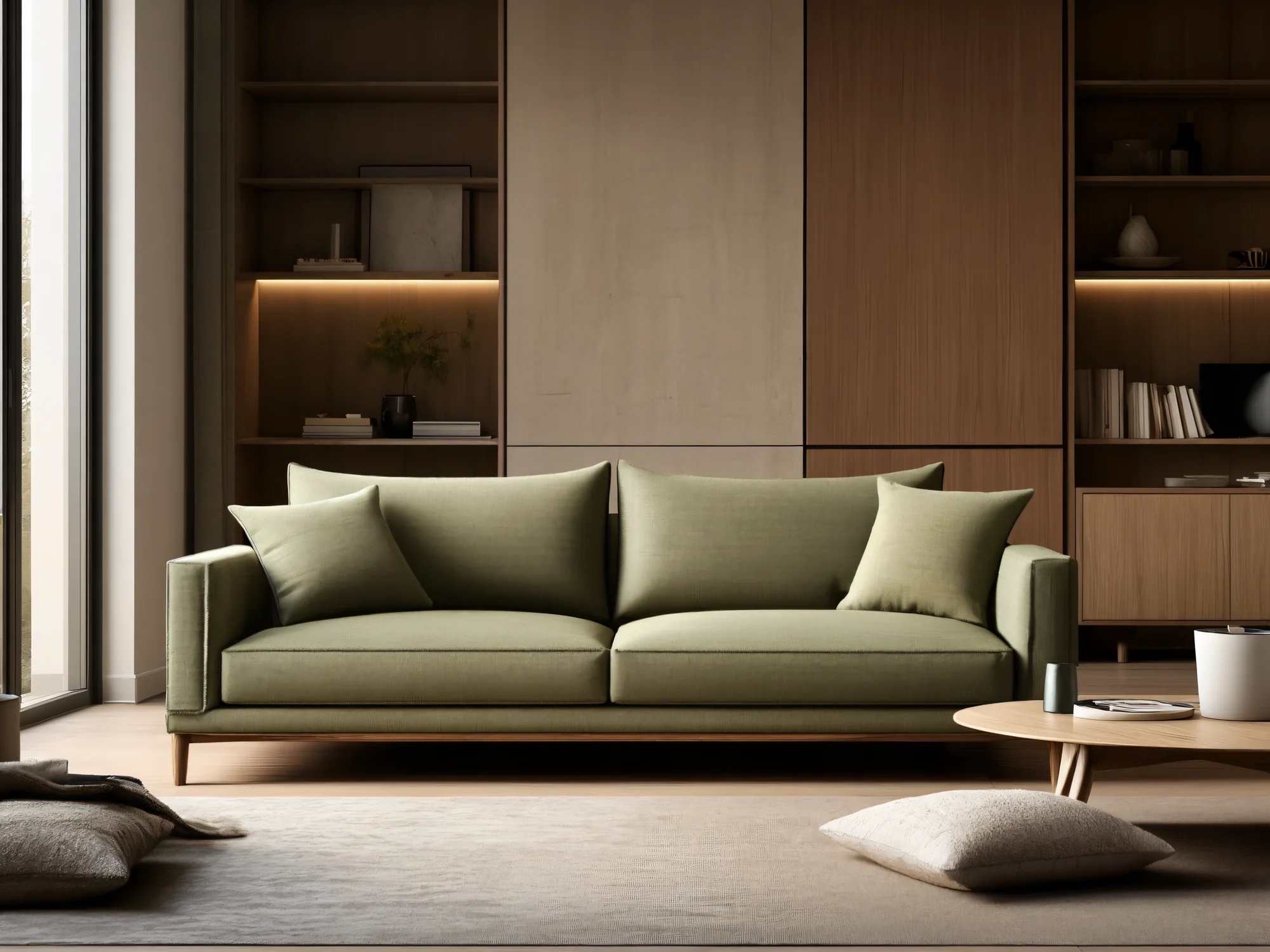 Trwała drewniana sofa w jasnym, eleganckim salonie