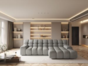 Miniaturka 5 - Sofa narożna Campello z szezlongiem w przestronnym salonie, widok z daleka