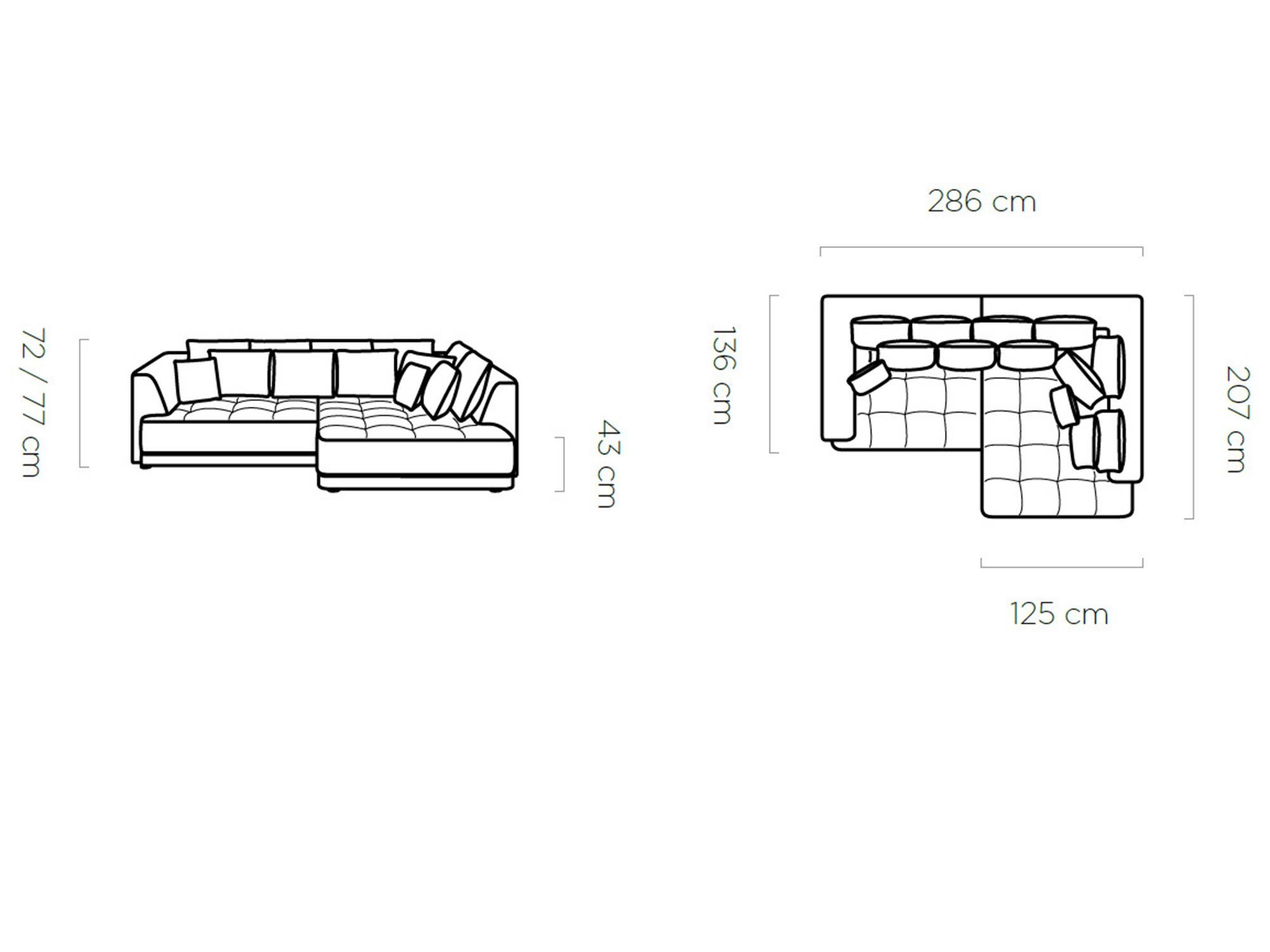 Narożnik Tiravo 286 cm rysunek z wymiarami