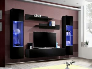 Miniaturka 2 - Meblościanka Flavero 260 cm czarny czarny połysk 2 witryny LED