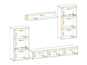 Miniaturka 1 - Wymiary elementów meblościanki Valvero 255 cm