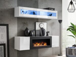 Miniaturka 4 - Meblościanka Flavero 160 cm biały biały połysk witryna LED biokominek