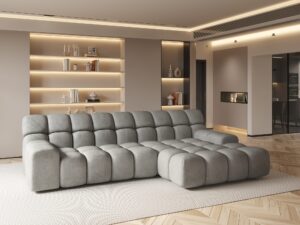Miniaturka 3 - Sofa narożna Campello w jasnej tkaninie w salonie z podświetlanymi półkami