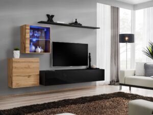 Miniaturka 1 - Meblościanka Kelmoro 260 cm dąb Wotan i czarny z LED