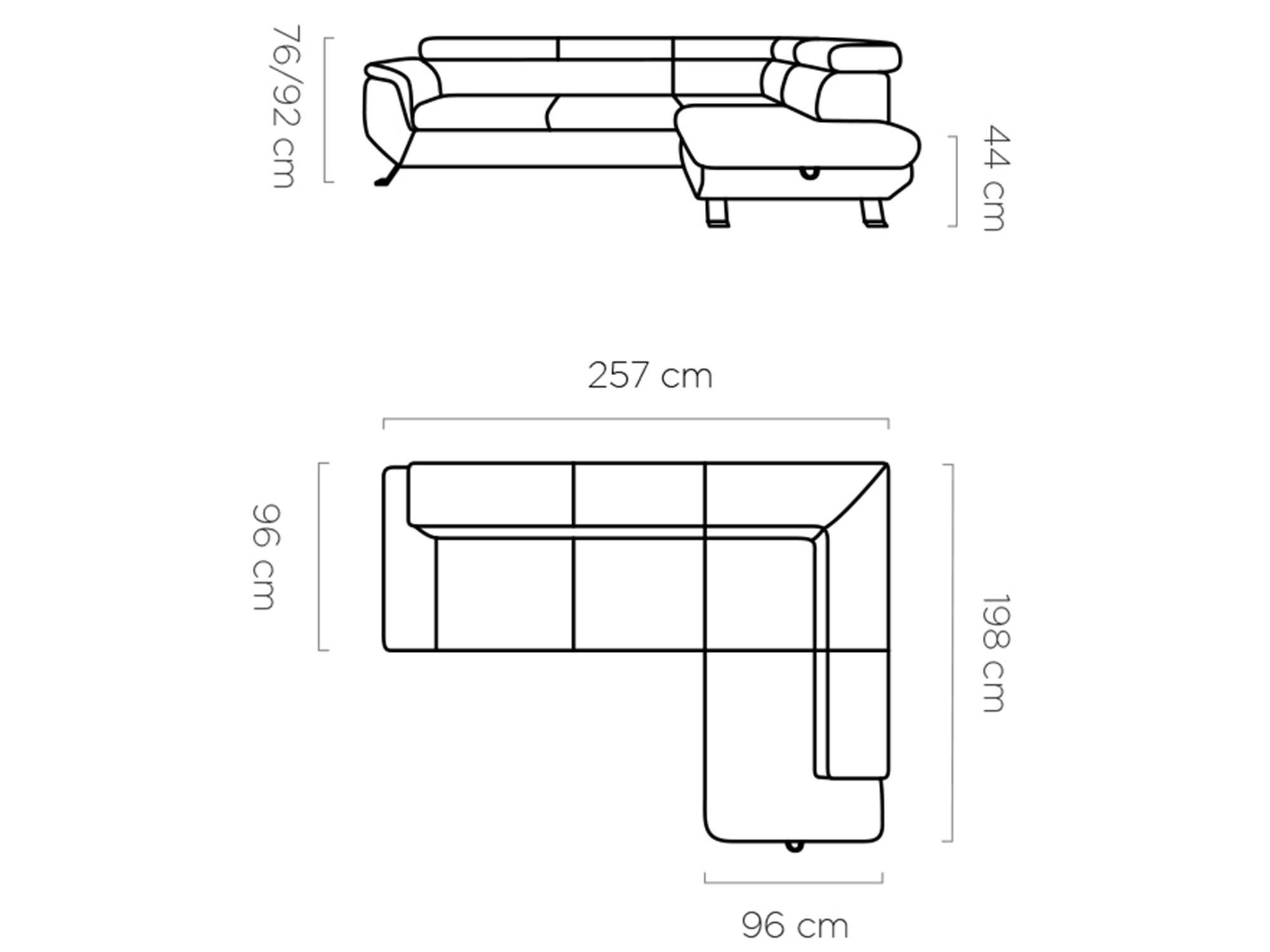 Narożnik Ravero 257 cm rysunek z wymiarami
