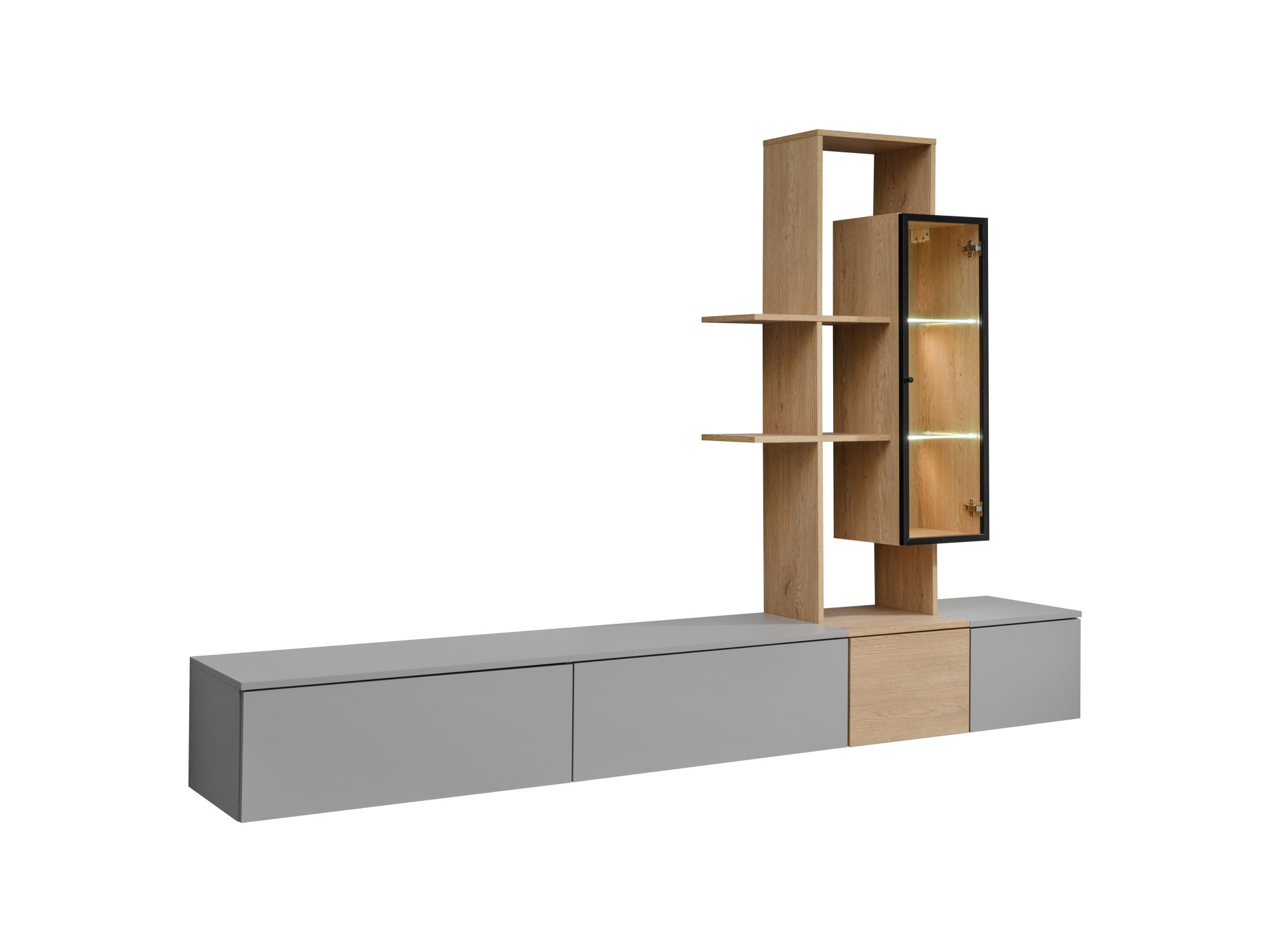 Meblościanka Levaro 240 cm Arctic Grey Cremona Oak w pełnym układzie