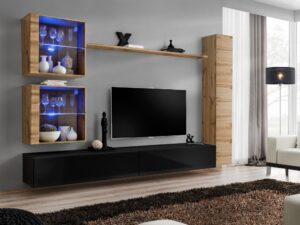 Miniaturka 1 - Meblościanka Kelmoro 280 cm dąb Wotan i czarny z LED