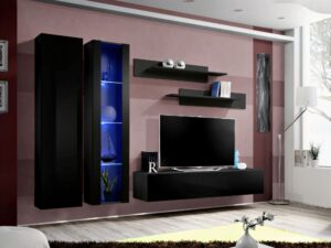 Miniaturka 2 - Meblościanka Flavero 260 cm czarny czarny połysk szafka witryna LED