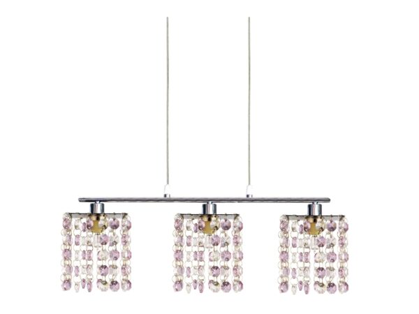 Lampa wisząca Alimena chromowana z trzema fioletowymi kloszami z podwieszanych kryształków