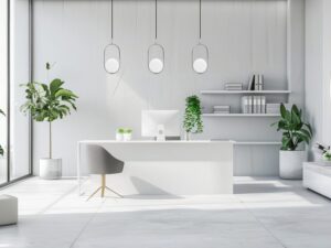 Miniaturka 2 - Lampy wiszące Alitio z owalnymi chromowanymi ramami nad biurkiem w jasnym gabinecie