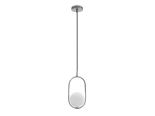 Lampa wisząca Alitio chromowana z białą szklaną kulą wewnątrz owalnej ramy