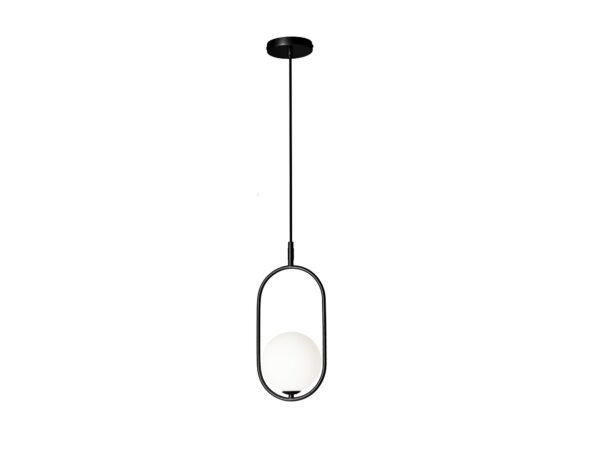 Czarna lampa wisząca Alitio z białą szklaną kulą – pełne ujęcie