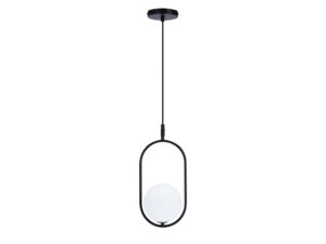 Miniaturka 1 - Lampa wisząca Alitio – widok całej czarnej ramy z kulistym białym kloszem