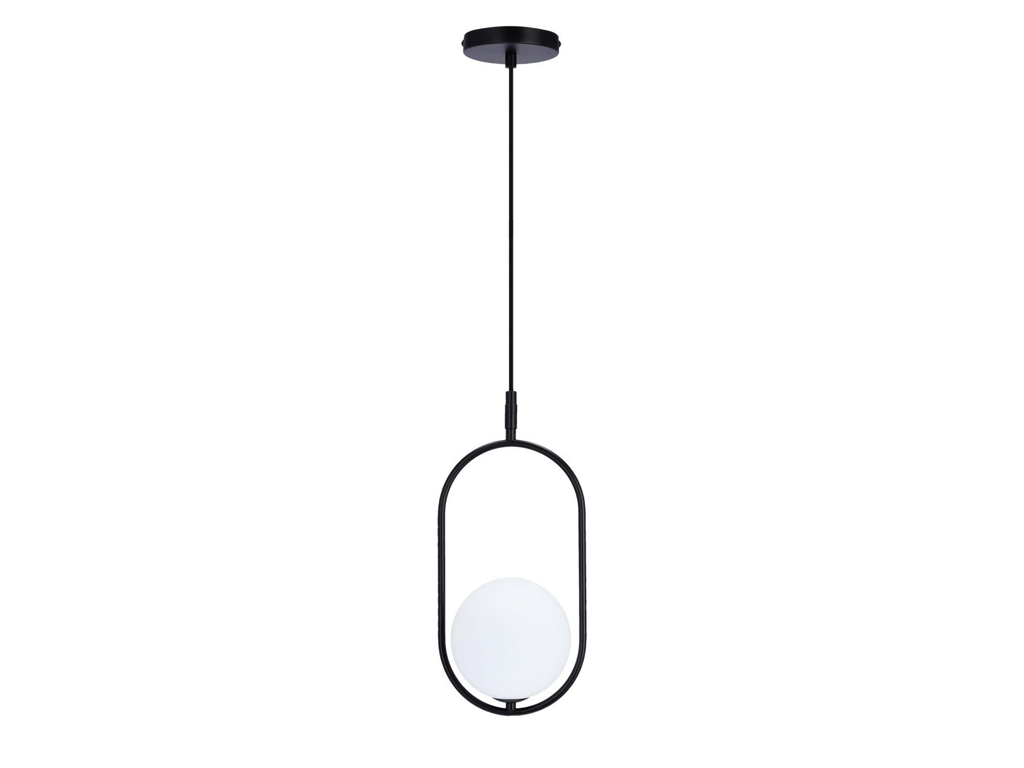 Lampa wisząca Alitio – widok całej czarnej ramy z kulistym białym kloszem