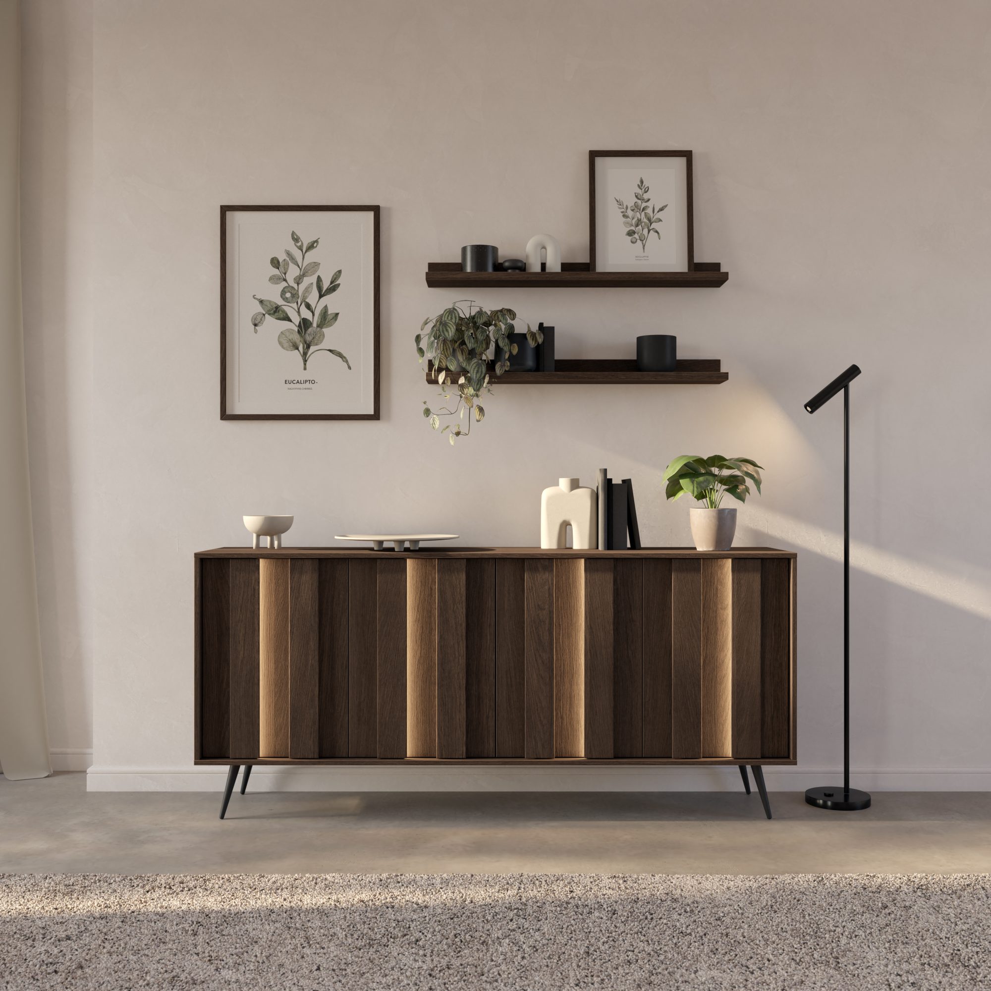 Komoda Bervano z LED w aranżacji jasnego salonu