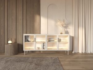 Miniaturka 5 - Komoda Dorvano kaszmir – cztery przeszklone fronty z LED w jasnym salonie