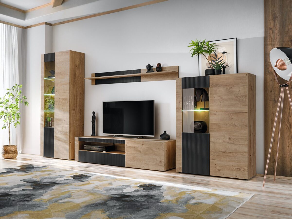 Meblościanka RTV z witrynami LED Arvanto 320 cm dąb Ribbeck czarna