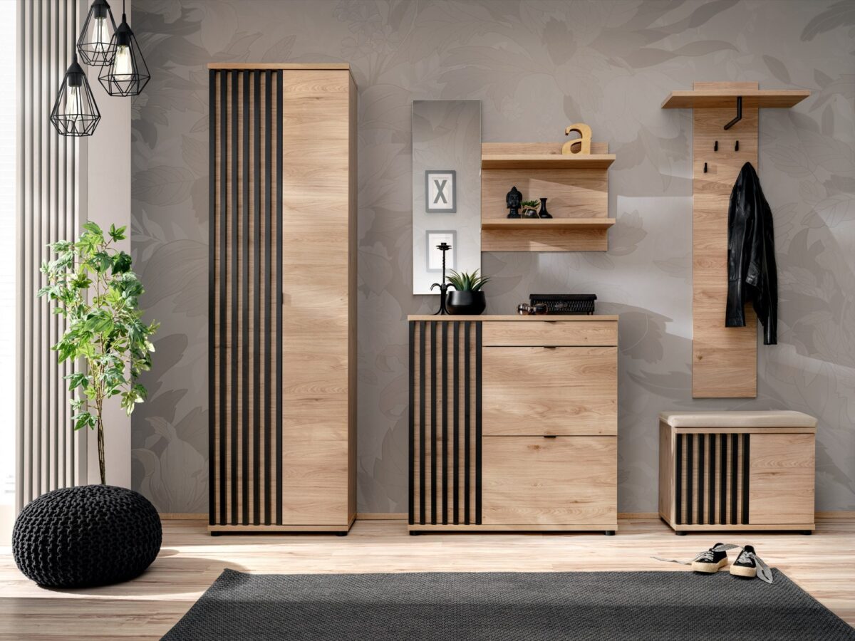 Garderoba z szafą lustrem panelem i komodą Pedrivo 230 cm Hickory Jackson