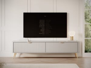 Miniaturka 3 - Szafka RTV Nesaro beżowa 200 cm z ryflowanymi drzwiami w aranżacji salonu