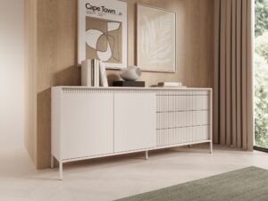 Miniaturka 2 - Stolik kawowy Ombrino beżowy w salonie – szuflada pod kwadratowym blatem
