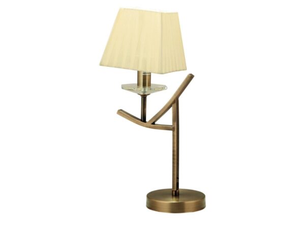 Lampa stołowa Avomano patyna z żółtawym abażurem i dekoracją ze szkła