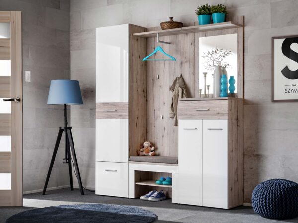 Garderoba Melvoro 170 cm z szafą i lustrem w przedpokoju