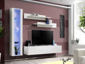 Miniaturka 1 - Meblościanka Flavero 210 cm biały biały połysk witryna LED