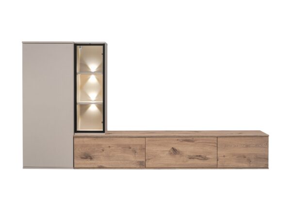 Meblościanka RTV z witryną LED Calvessa 240 cm dąb Viking kaszmir