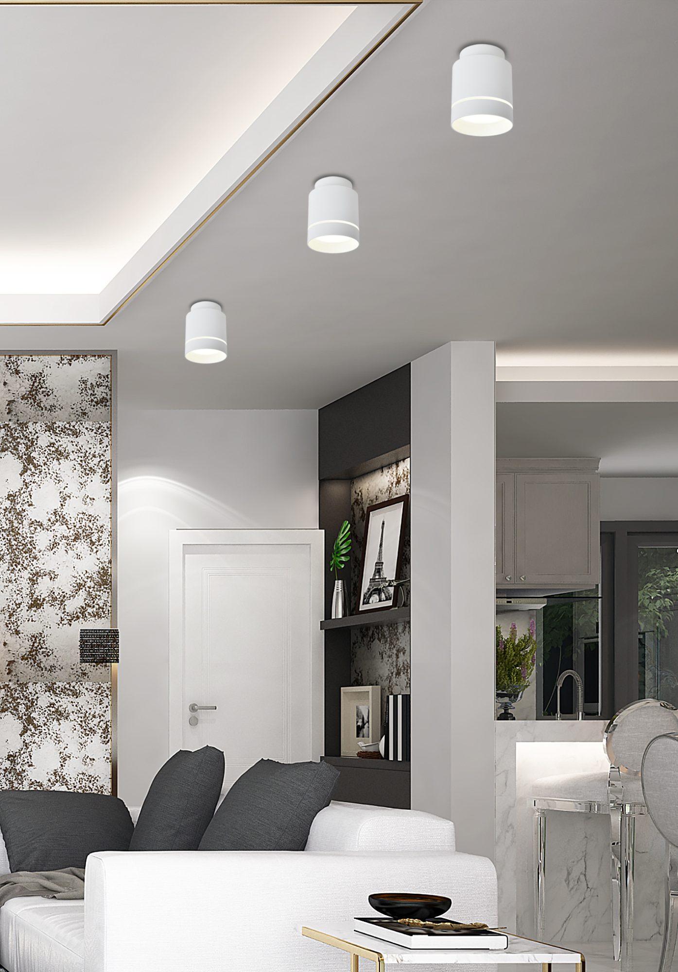 Biała lampa sufitowa LED 12 W w aranżacji salonu z trzema oprawami