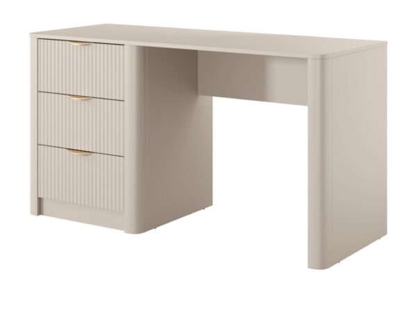 Biurko Nesaro 140 cm beżowe – trzy ryflowane szuflady i panel boczny