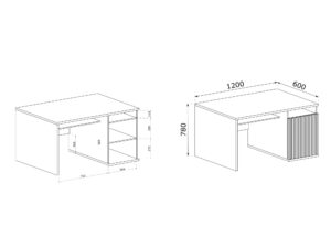 Miniaturka 4 - Biurko Sorenta 120 cm – schemat techniczny półek i szafki z lamelami