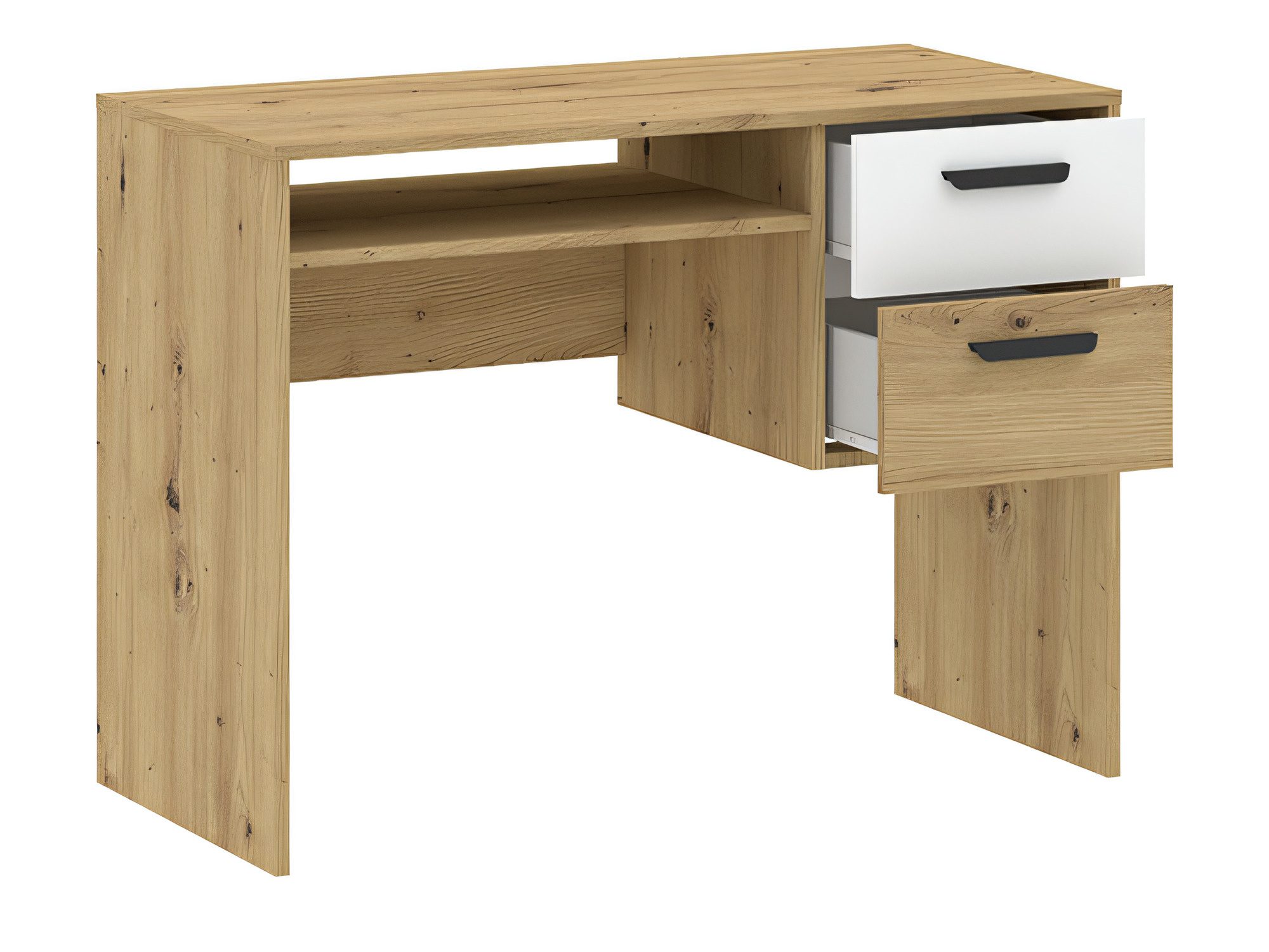 Biurko Veldaro Duo 100 cm dąb artisan i biały z otwartą szufladą