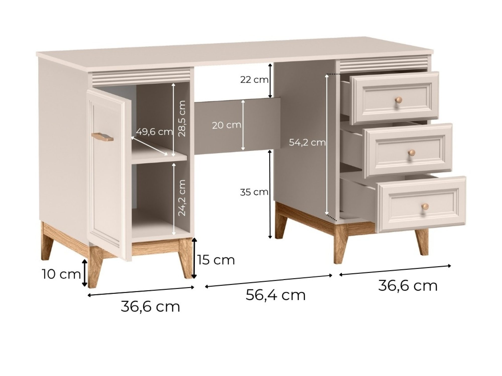Biurko Velvara 138 cm, wymiary wnętrza szafki i szuflad