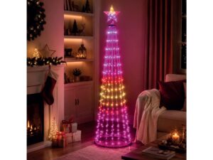 Miniaturka 2 - Choinka LED RGB 180 cm świecąca na różowo w świątecznym salonie