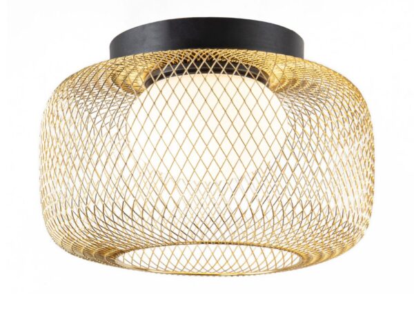 Lampa sufitowa Coretino z czarno-złotą konstrukcją i białym szklanym kloszem GX53