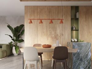Miniaturka 33 - Czteropunktowy żyrandol Sorvella 122 cm ochra czerwona nad stołem w jadalni