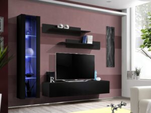 Miniaturka 2 - Meblościanka Flavero 200 cm czarny czarny połysk witryna LED