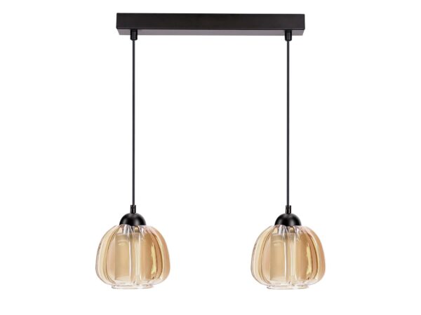 Lampa wisząca Dalamano z dwoma bursztynowymi żebrowanymi kloszami i czarną listwą