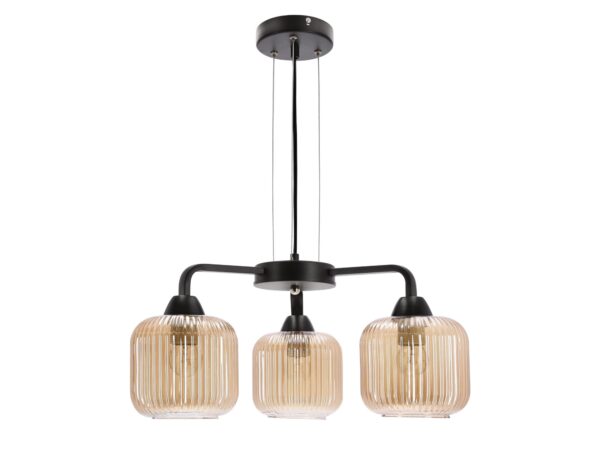 Lampa wisząca Davimino z czarną konstrukcją i trzema bursztynowymi szklanymi kloszami