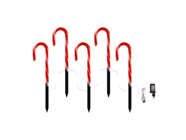 Zestaw 5 biało-czerwonych lasek cukrowych LED 70 cm na białym tle