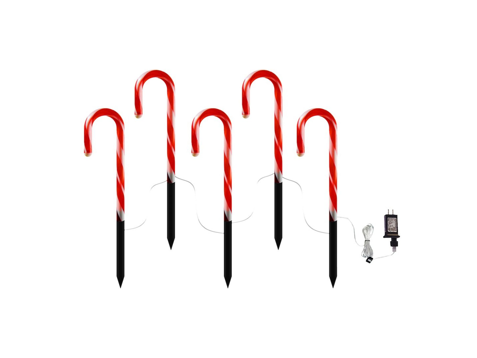 Zestaw 5 biało-czerwonych lasek cukrowych LED 70 cm na białym tle