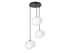 Miniaturka 3 - Lampa wisząca Delado z okrągłą czarną podstawą i trzema białymi kloszami akrylowymi w kształcie kamieni