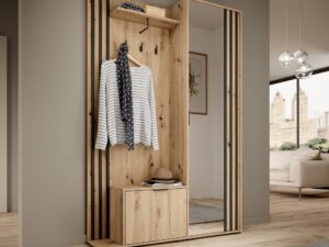 Miniaturka 5 - Garderoba Dely dąb artisan z czarnymi lamelami – w przedpokoju z wiszącą kurtką