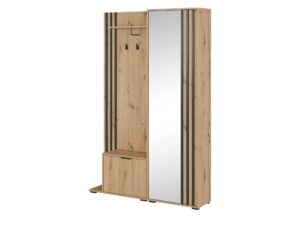Miniaturka 10 - Garderoba Dely dąb artisan z czarnymi lamelami – lustro, wieszaki i zamknięta szafka