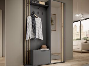 Miniaturka 3 - Garderoba Dely grafit z lamelami artisan – aranżacja z ubraniami na wieszakach