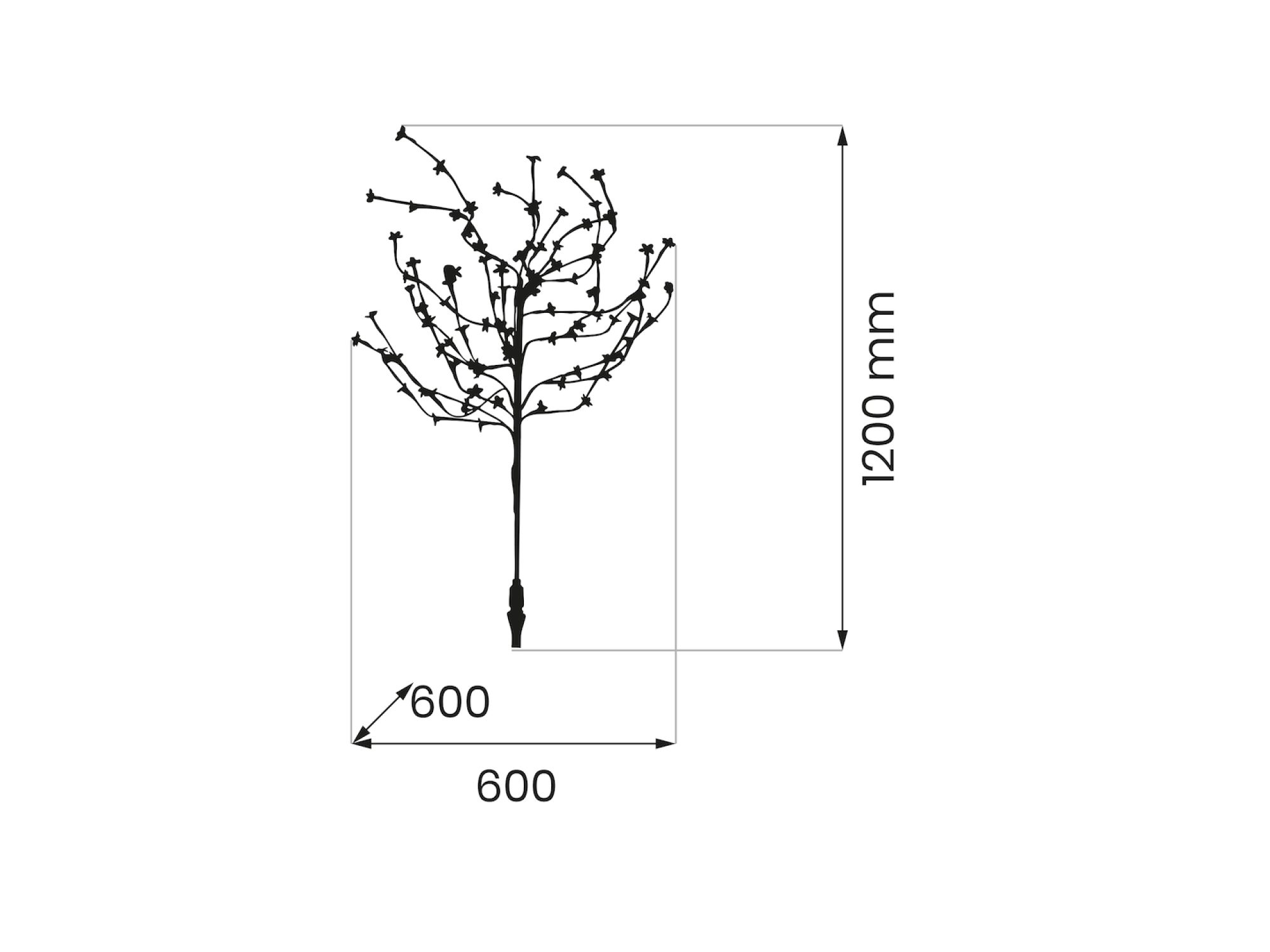 Schemat wymiarowy drzewka LED: wysokość 1200 mm i rozpiętość około 600 mm