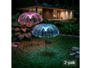 Miniaturka 1 - Dwie lampki solarne światłowodowe RGB świecące na trawniku nocą